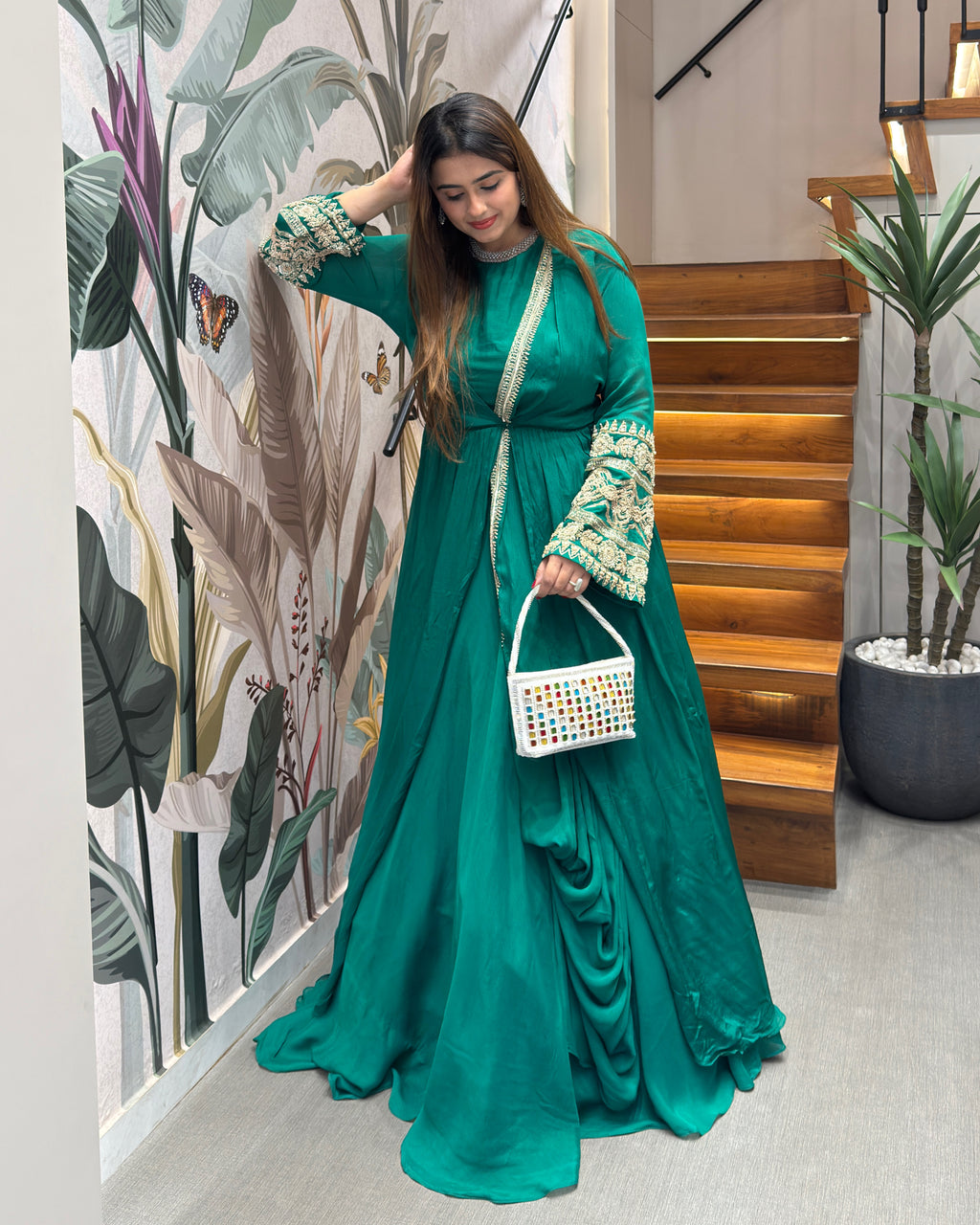 Designer Cape Style Handworked Gown