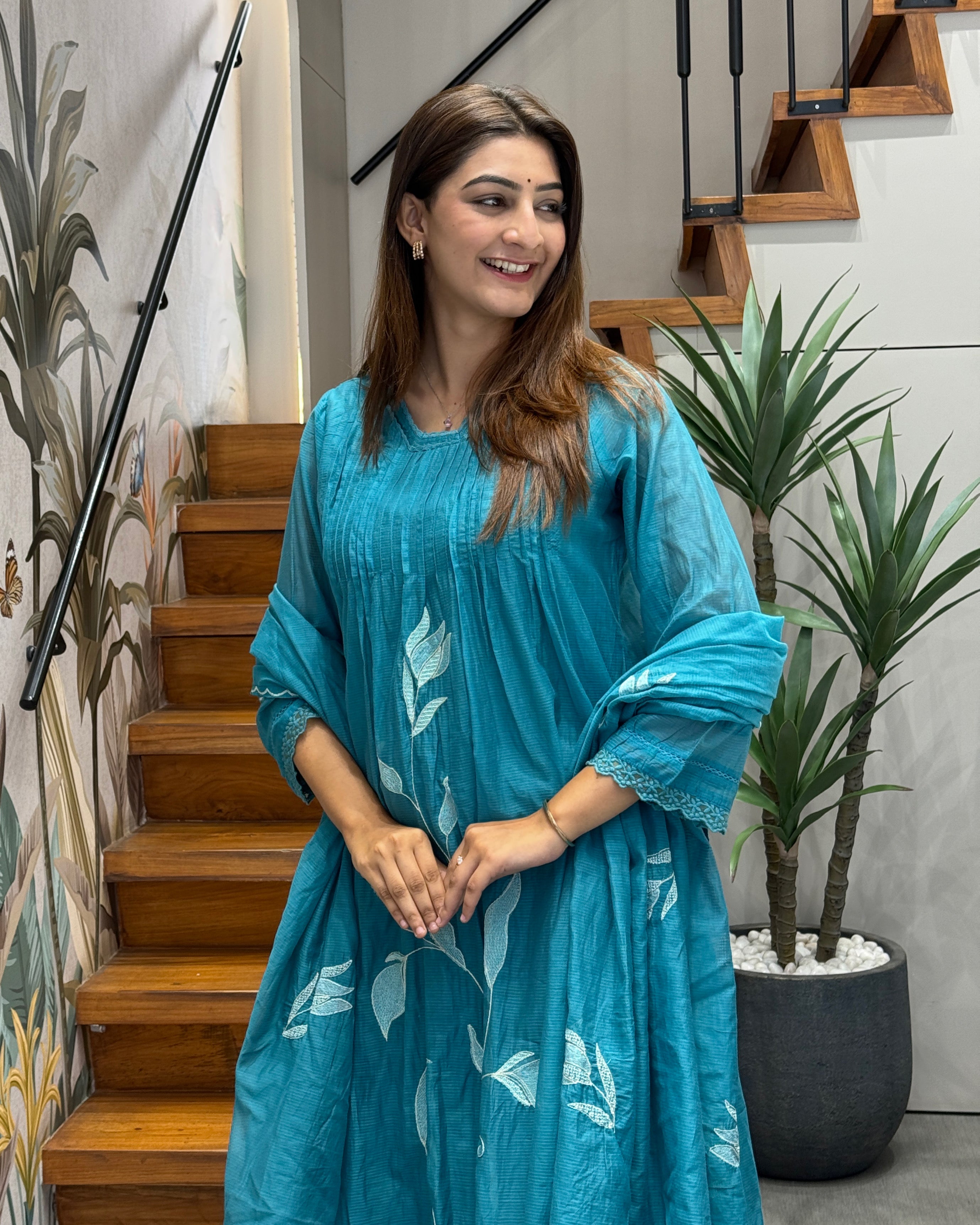Premium Cotton Embroidered Kurti Pant Set with Dupatta
