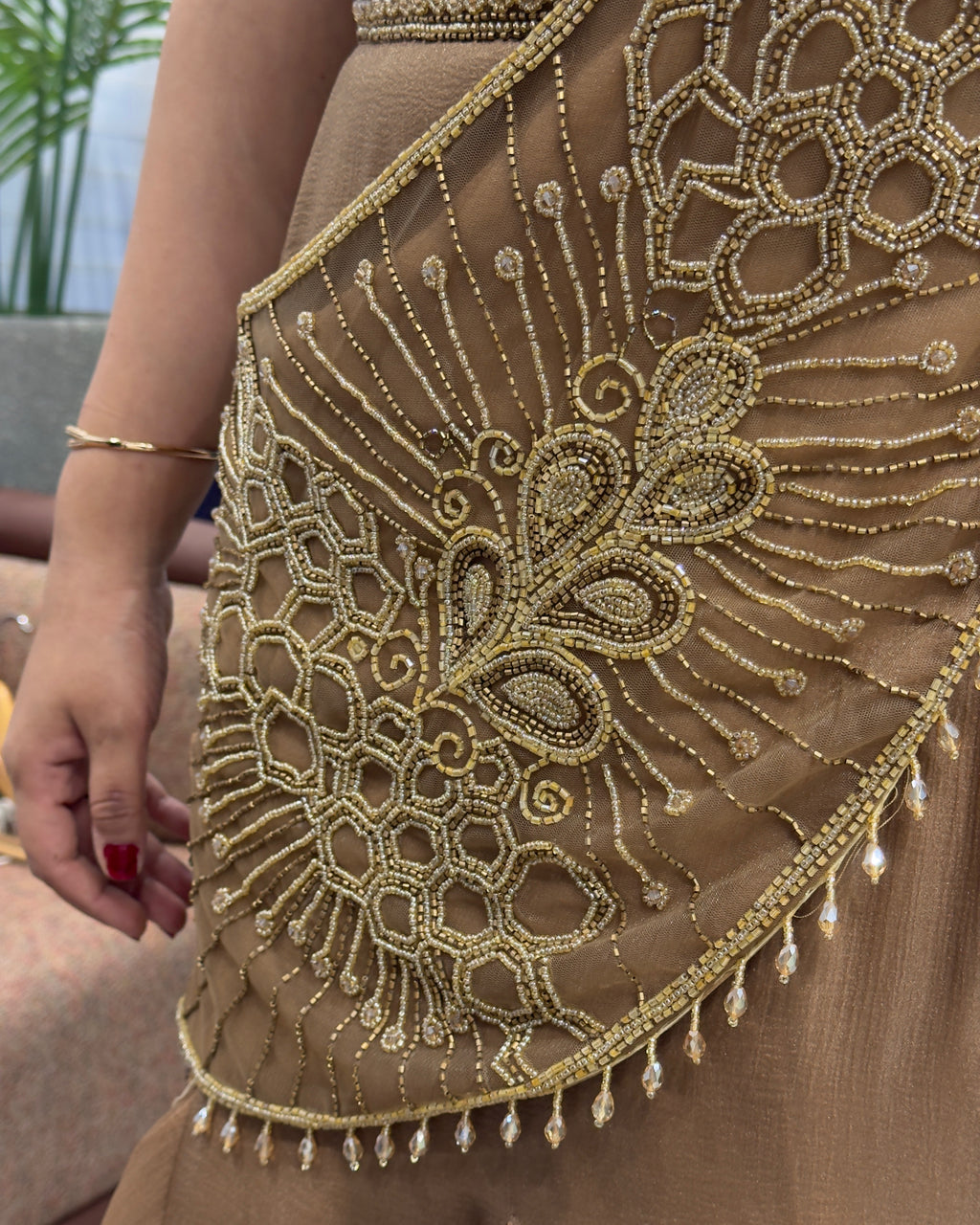 Elegant Coffee Brown Handworked Drape Saree Style Cordset