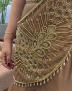 Elegant Coffee Brown Handworked Drape Saree Style Cordset