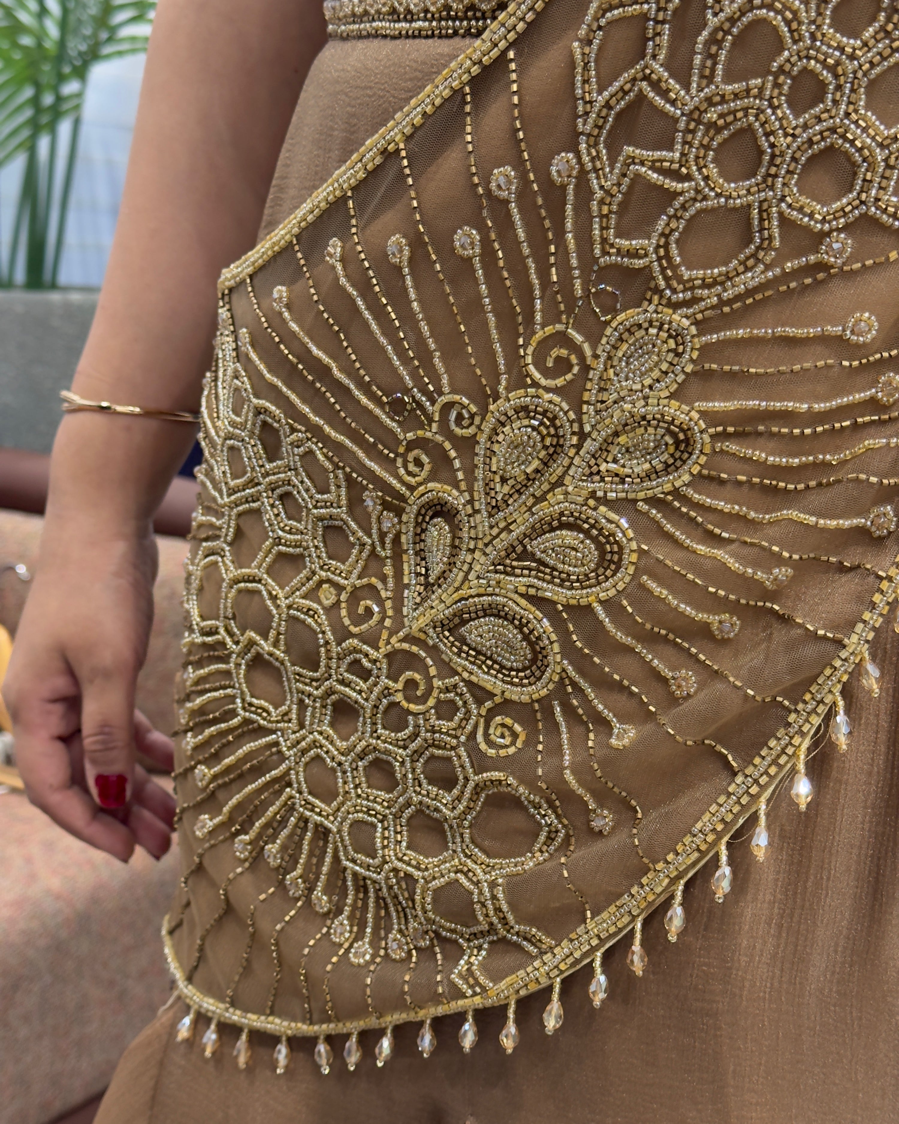 Elegant Coffee Brown Handworked Drape Saree Style Cordset
