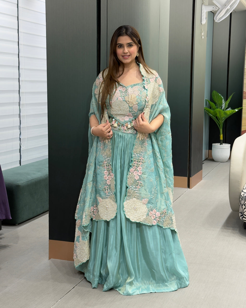 Elegant Sea Green Handworked Inner, Coti & Lehenga Set