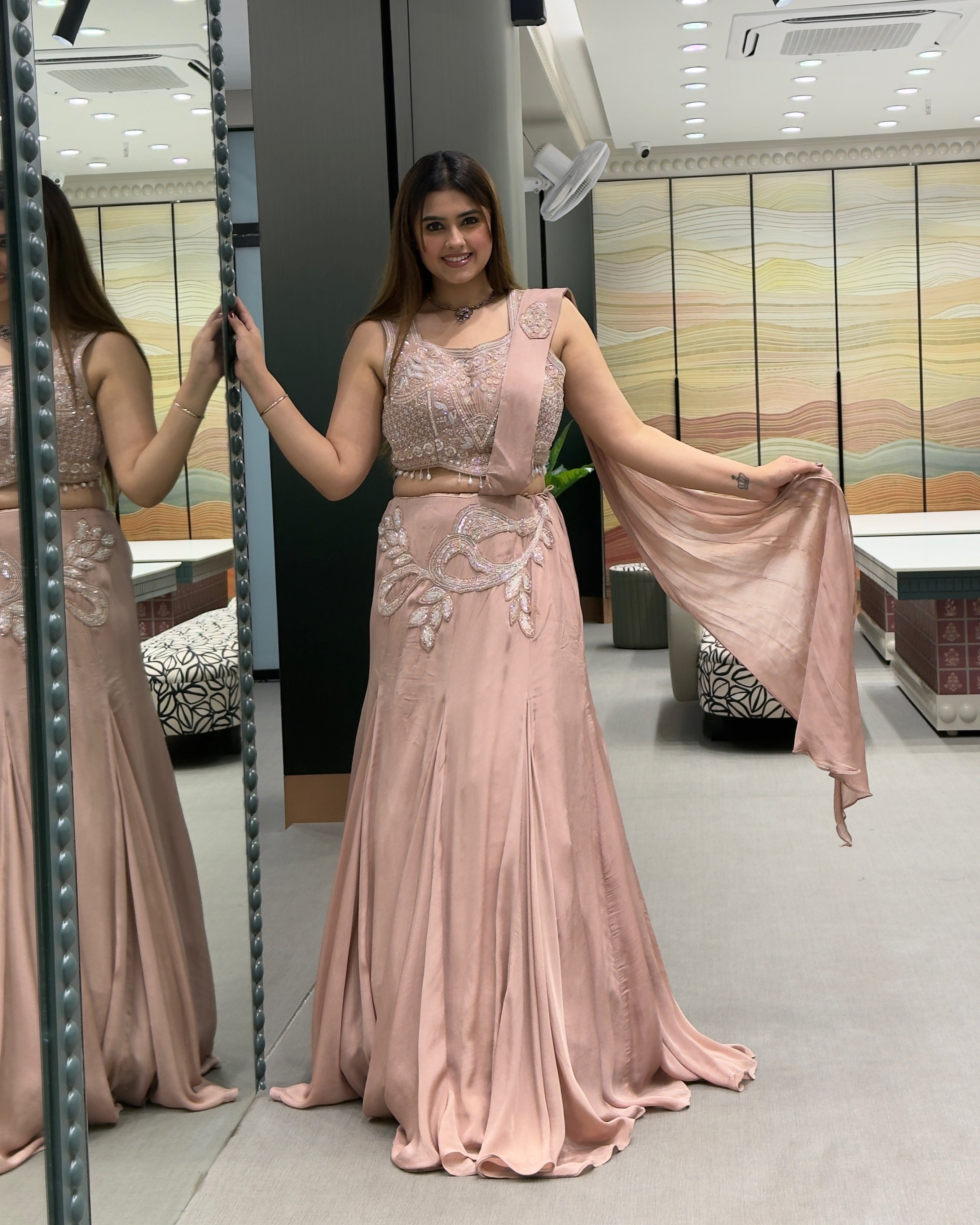 Blush Pink Handworked Fish Cut Lehenga Set with Attached Dupatta