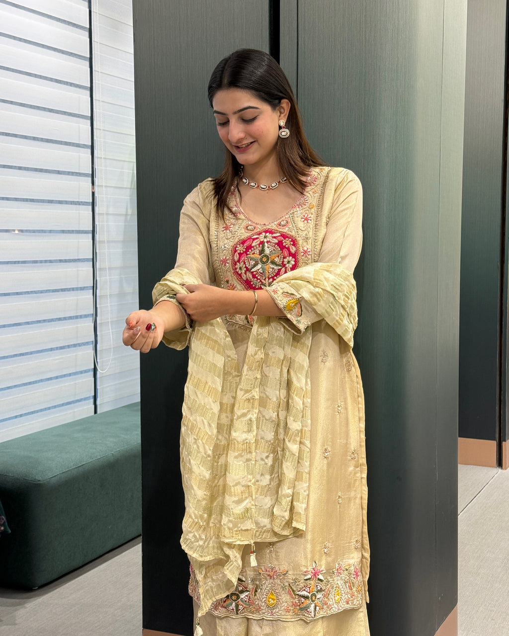 Elegant Golden Beige Handwork Three Piece Suit Set