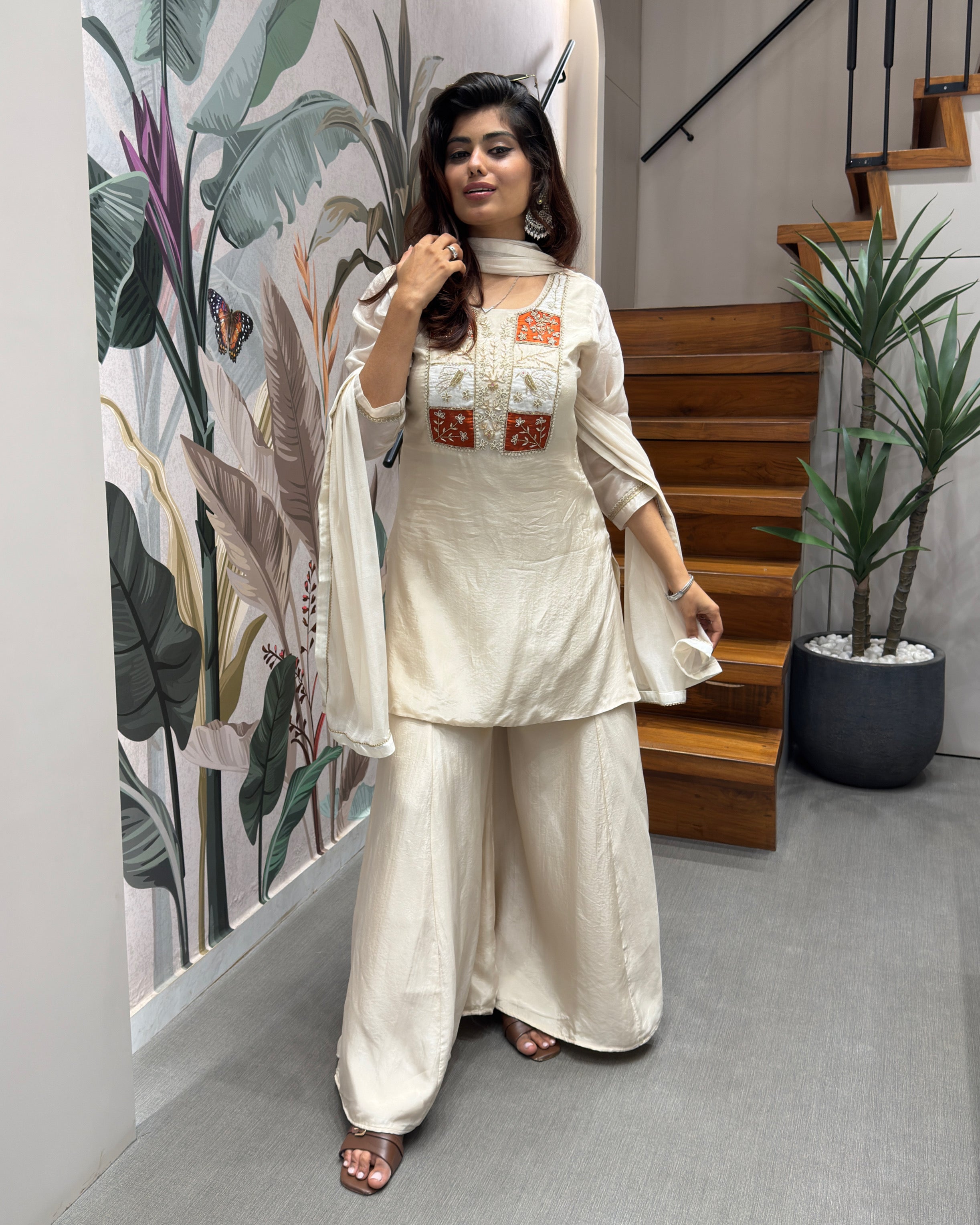 Elegant Ivory Handworked Palazzo Set with Dupatta