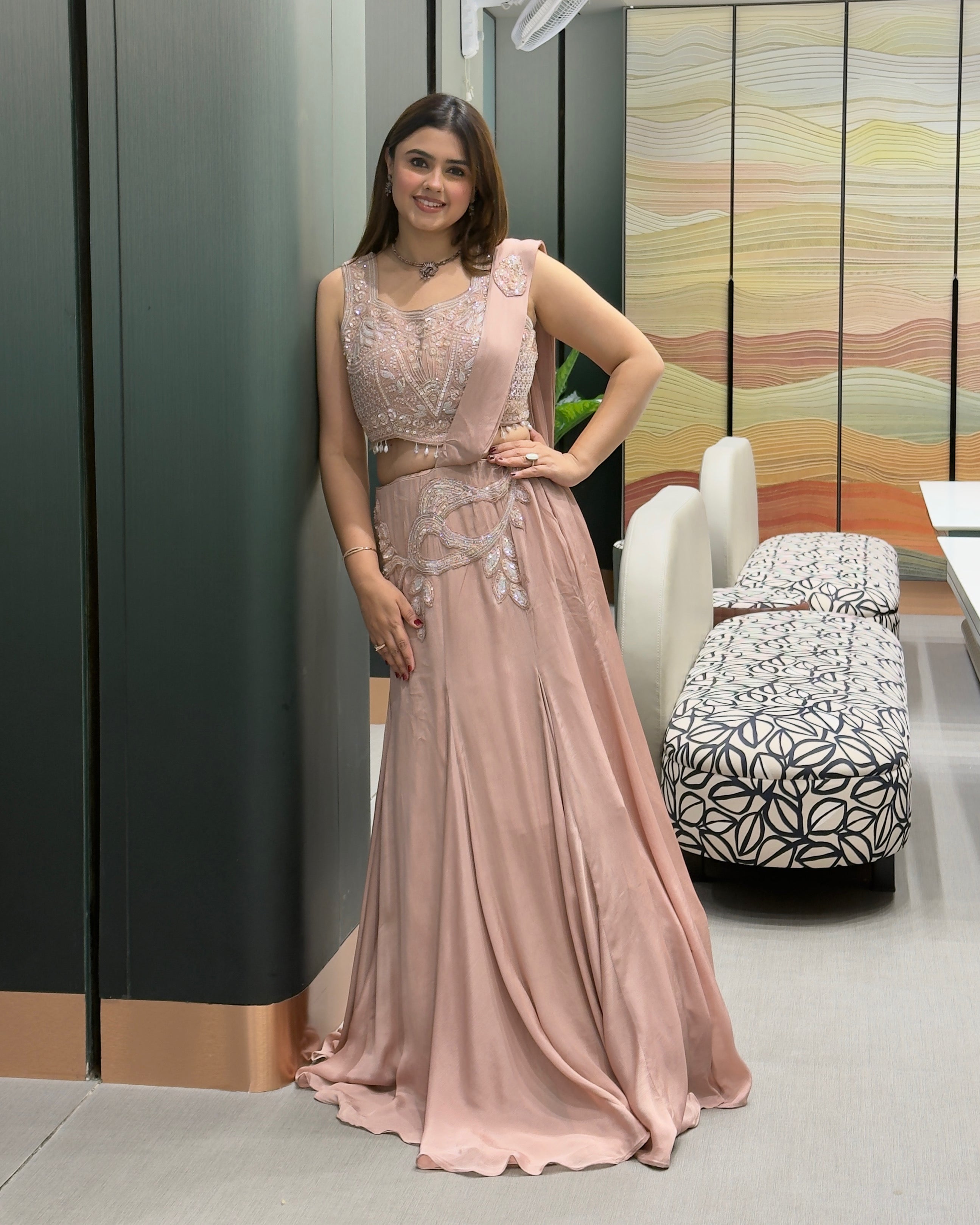 Blush Pink Handworked Fish Cut Lehenga Set with Attached Dupatta