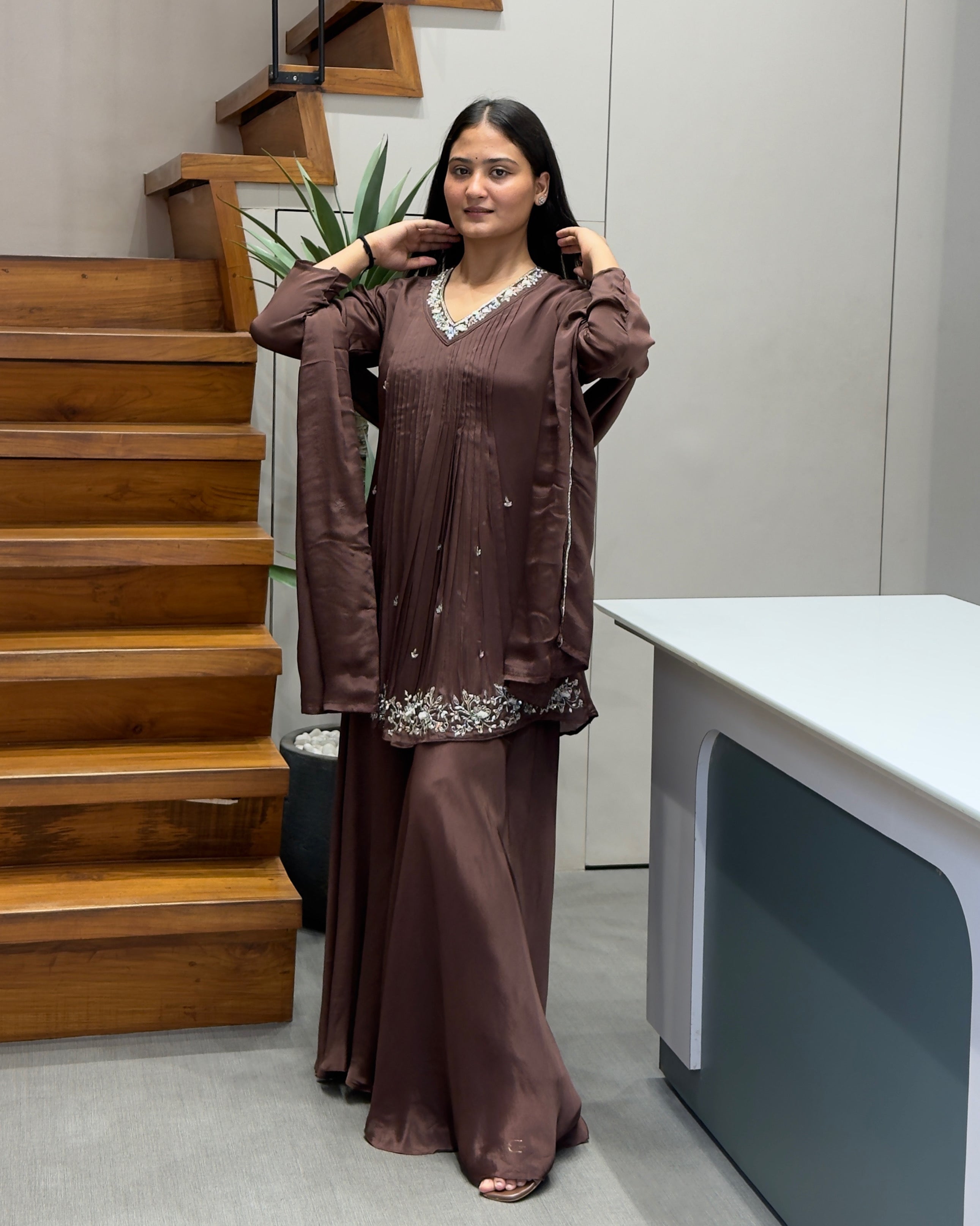 Elegant Chocolate Brown Handworked Three Piece Set