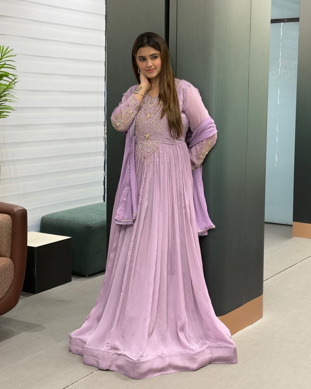 Lavender Handworked Flared Gown Set with Dupatta
