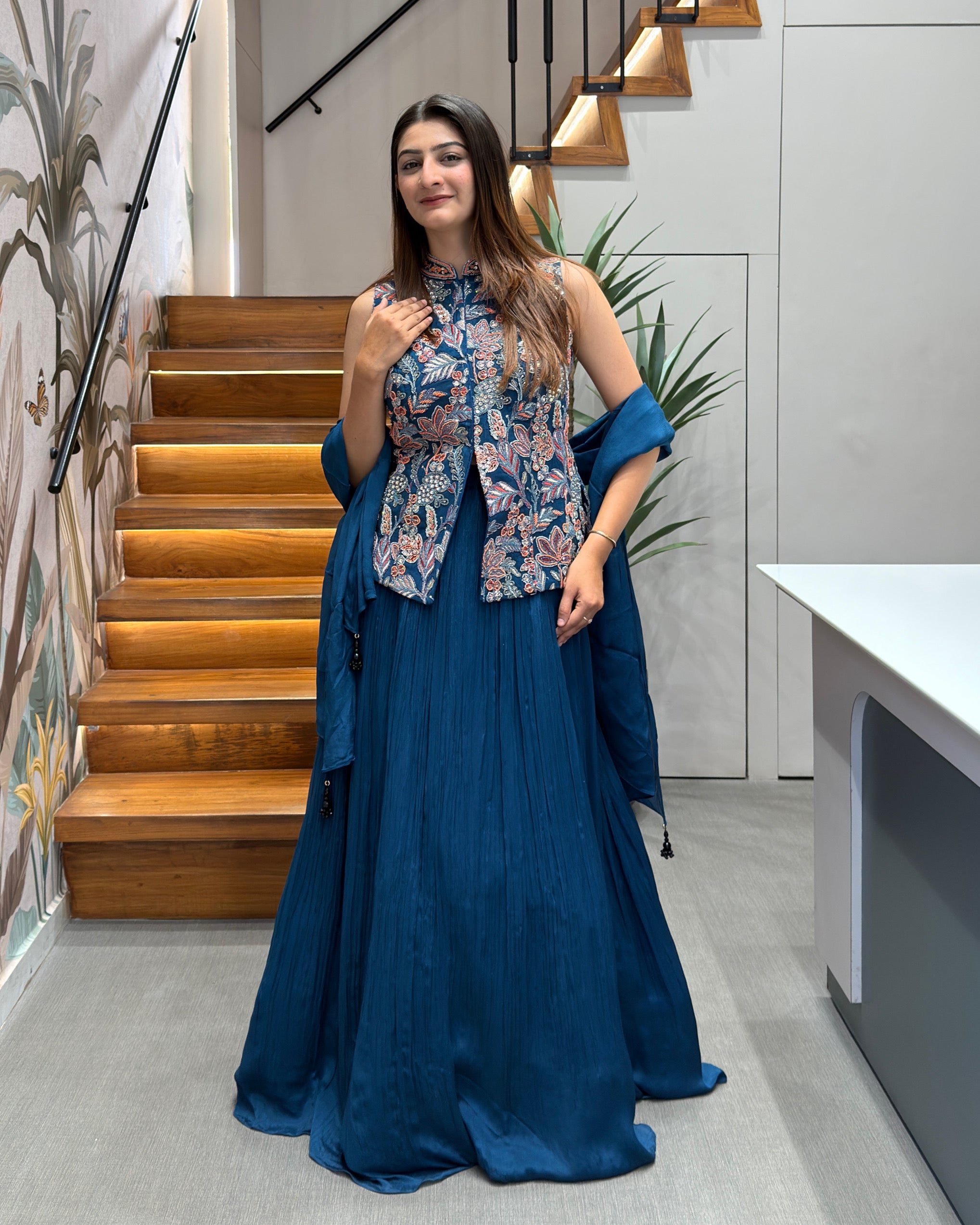 Royal Blue Handworked Lehenga Set with Designer Jacket & Dupatta