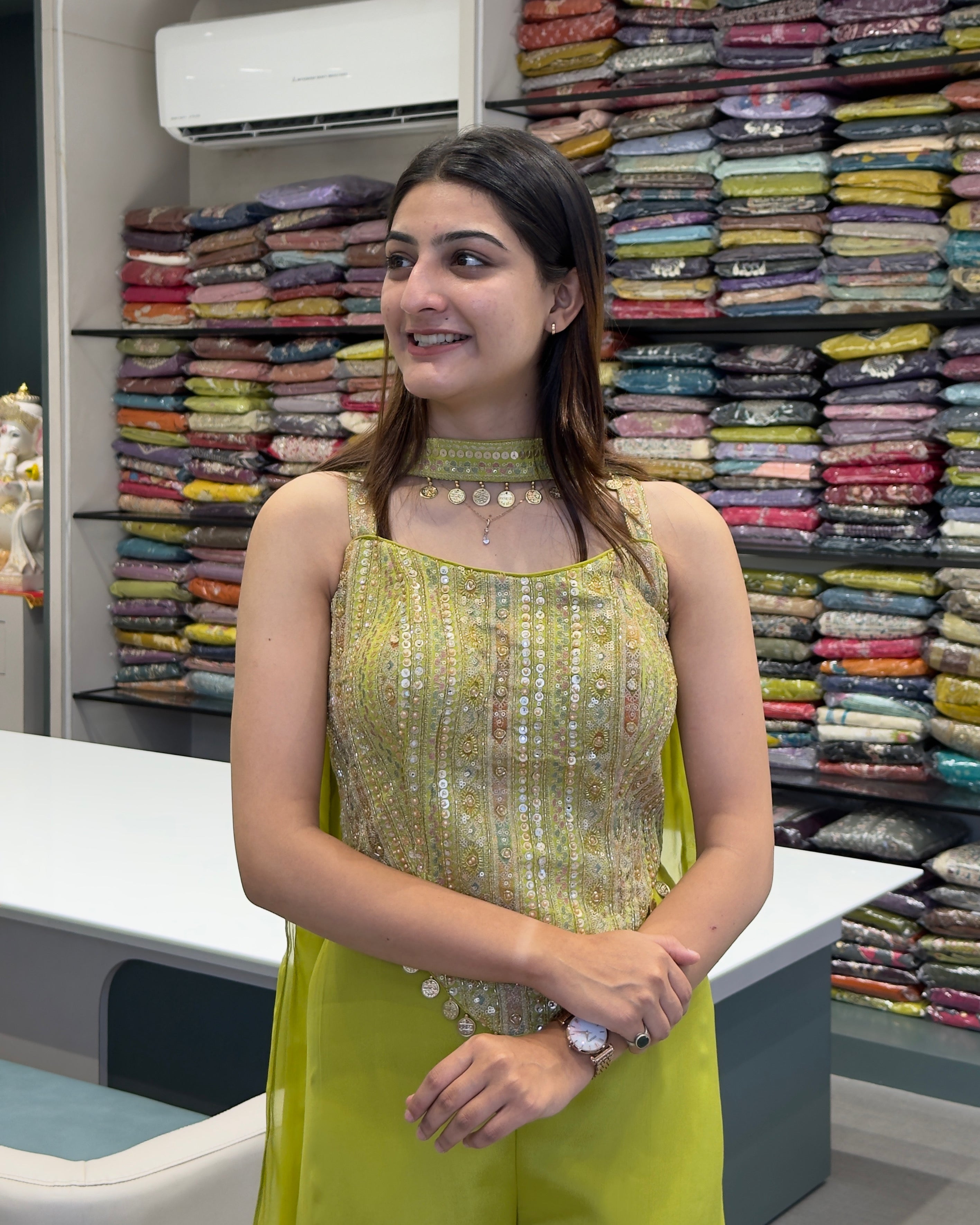 Lime Green Designer Handworked Co-Ord Set with Plazo & Neckline Dupatta