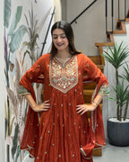 Elegant Rust Orange Handwork Three Piece Suit Set