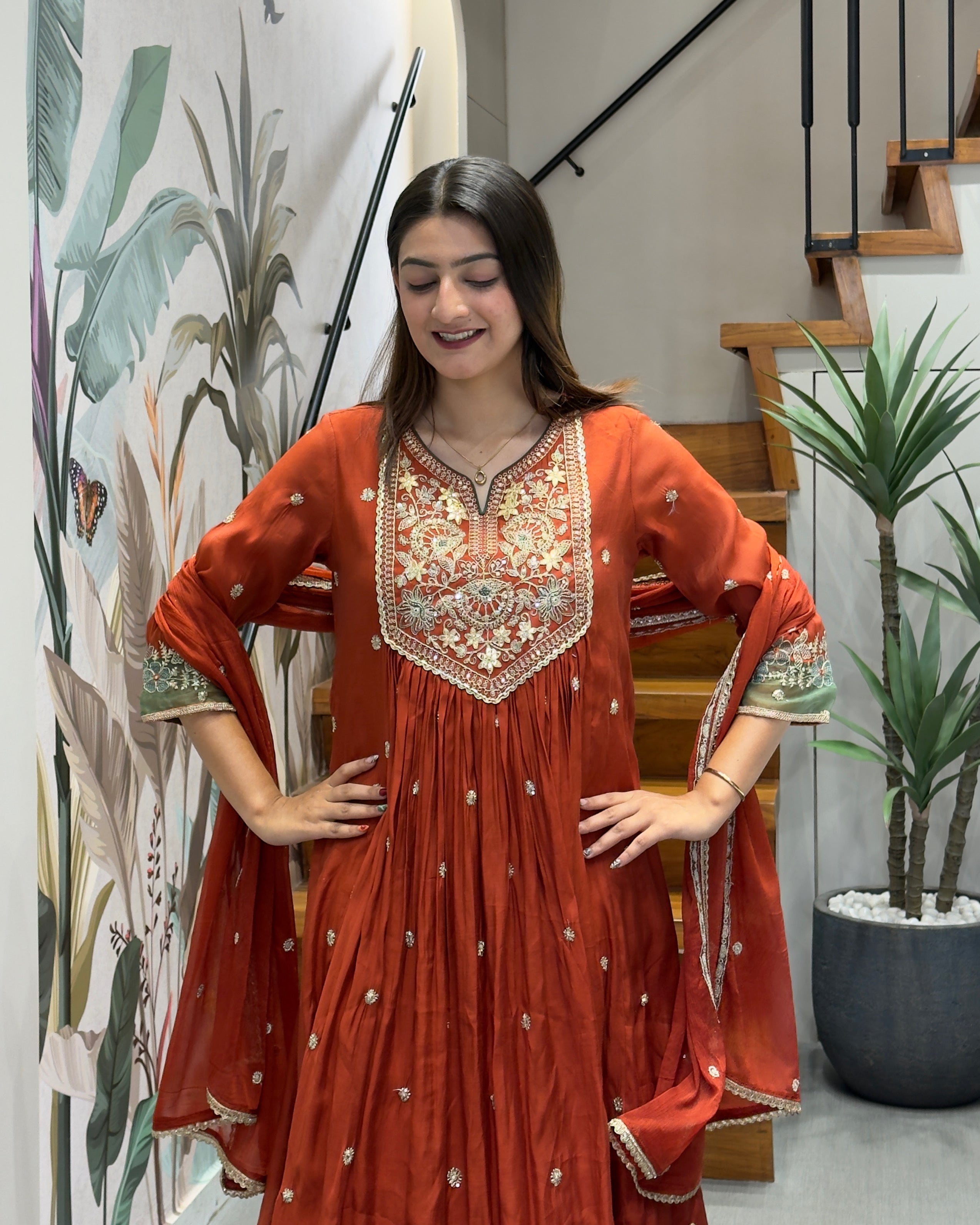 Elegant Rust Orange Handwork Three Piece Suit Set
