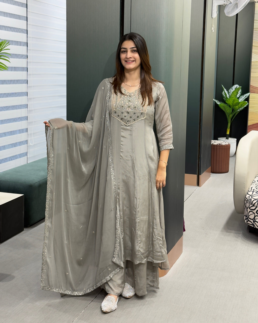 Elegant Chinon Handwork Kurta Plazo Set with Dupatta