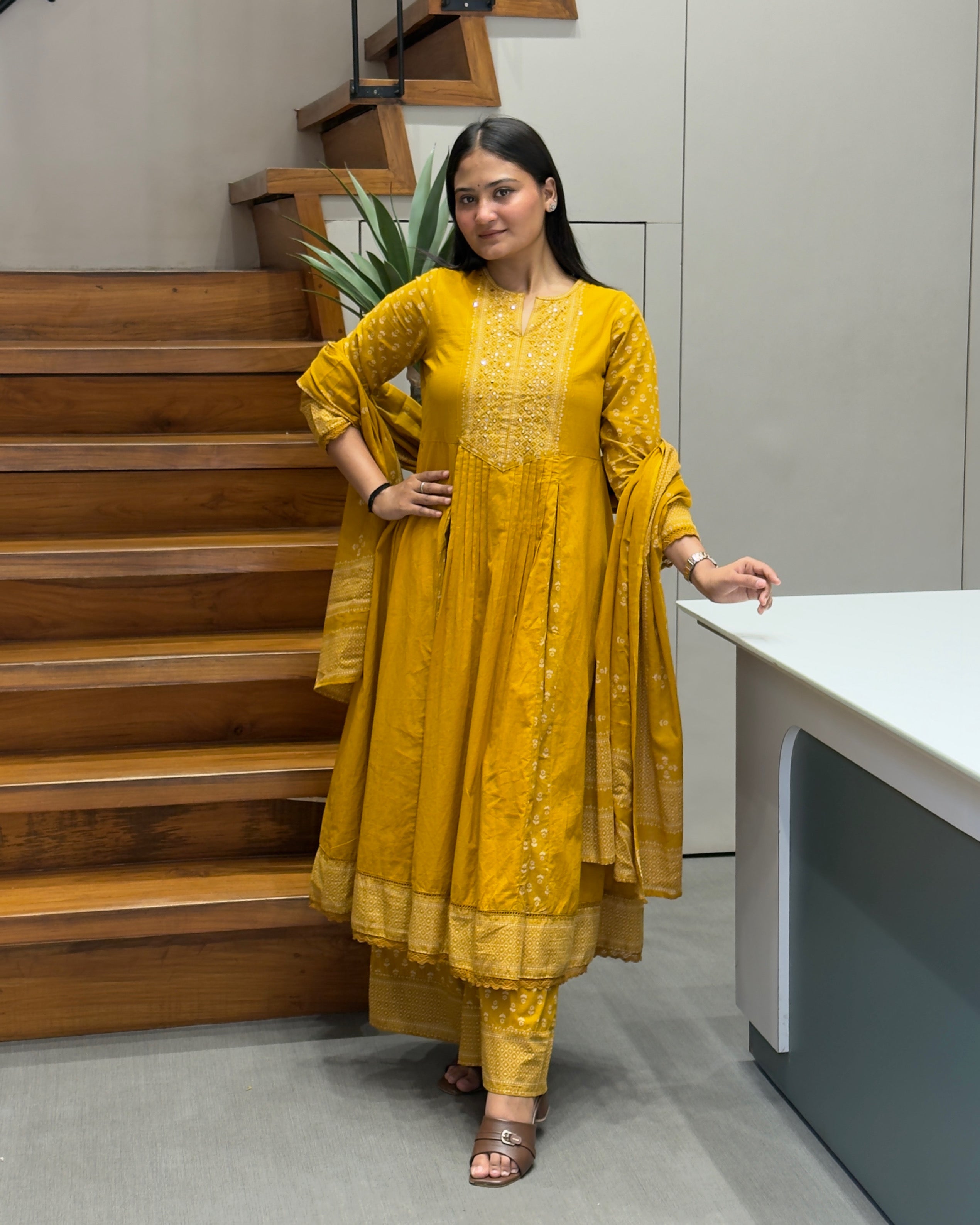 Elegant Mustard Yellow Handworked Three Piece Kurta Set