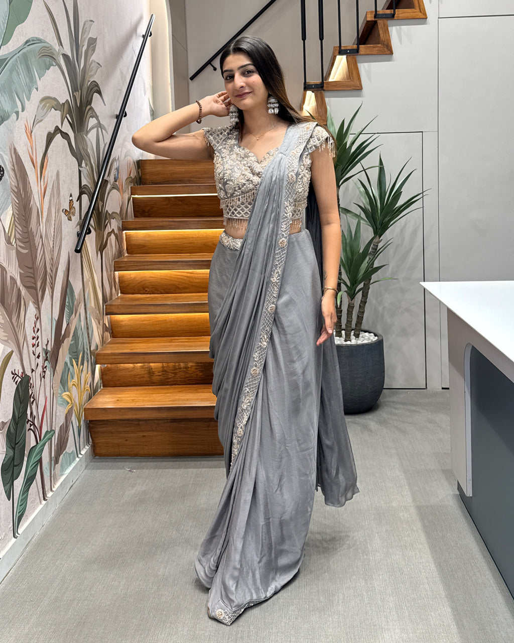 Elegant Grey Handworked Drape Saree Set