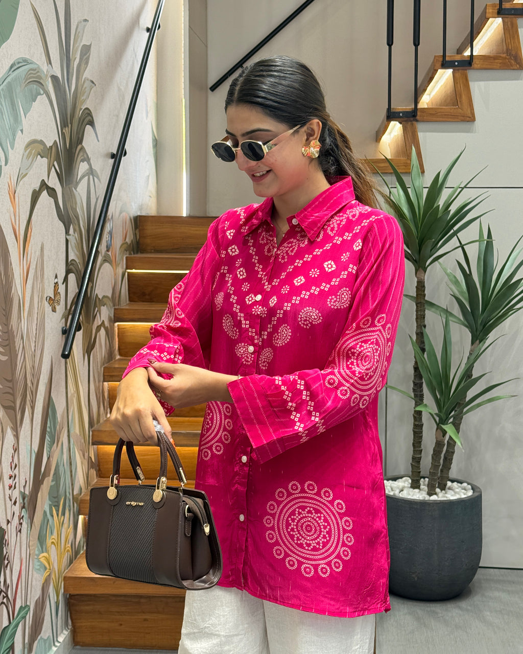 Rani Pink Bandhani Print Tunic Shirt