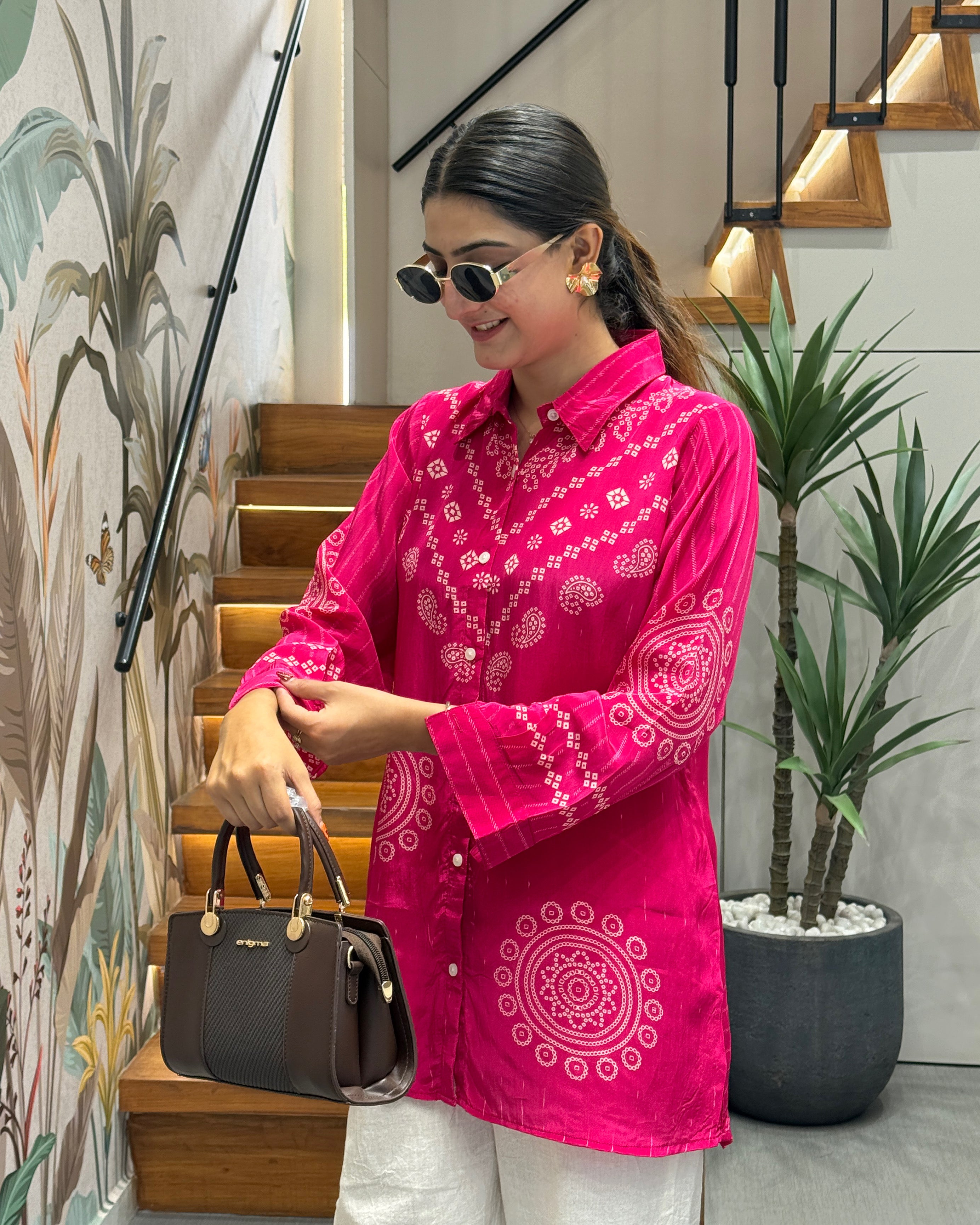 Rani Pink Bandhani Print Tunic Shirt