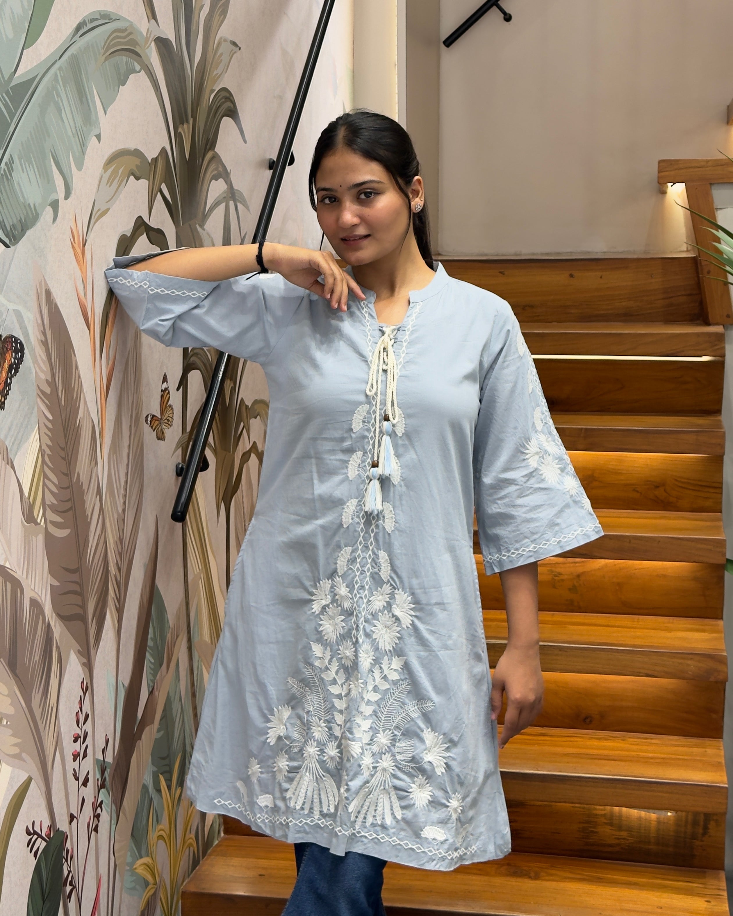 Elegant Sky Blue Embroidered Short Kurti