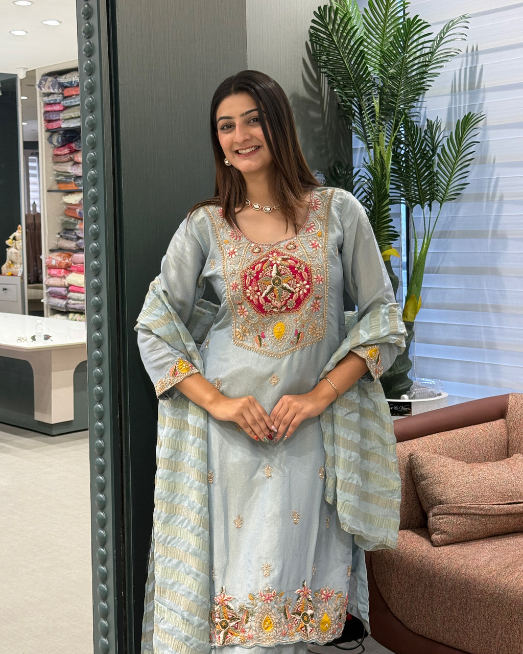 Elegant Ice Blue Handwork Three Piece Suit Set