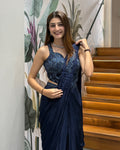 Designer Ready-to-Wear Navy Blue Saree with Handwork Blouse