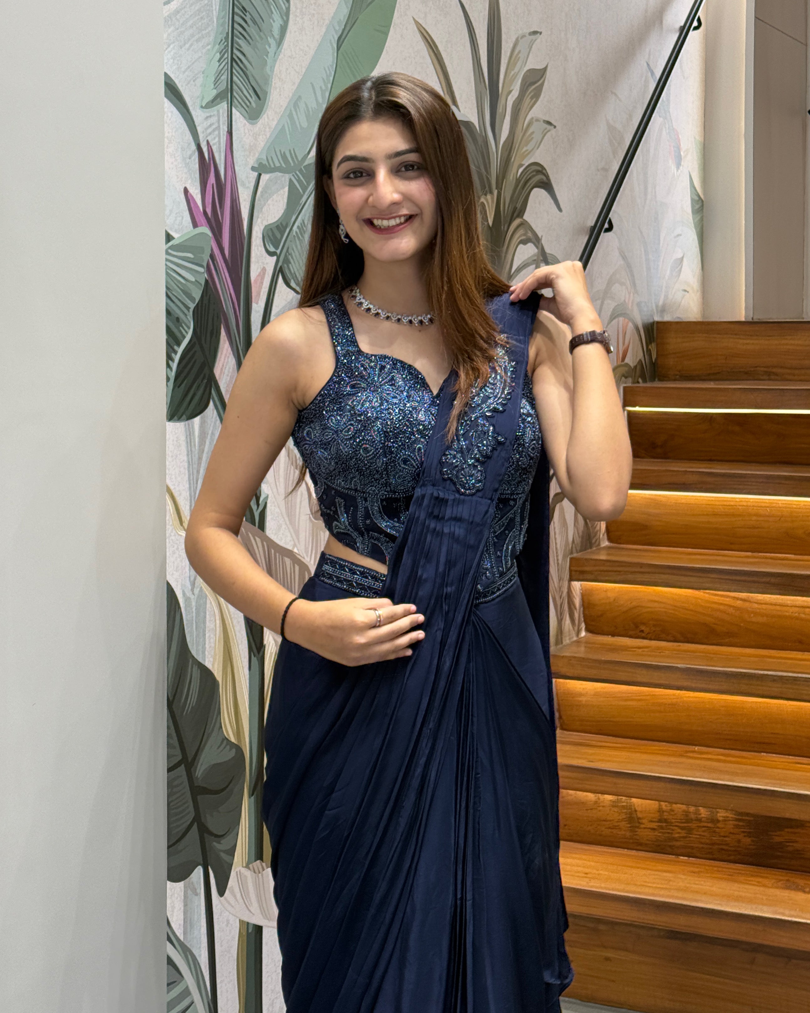 Designer Ready-to-Wear Navy Blue Saree with Handwork Blouse