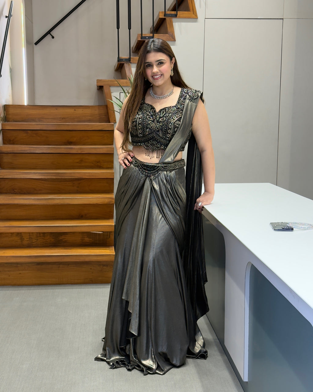 Black & Antique Gold Handworked Draped Fish Cut Saree Set with Attached Dupatta