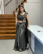 Black & Antique Gold Handworked Draped Fish Cut Saree Set with Attached Dupatta