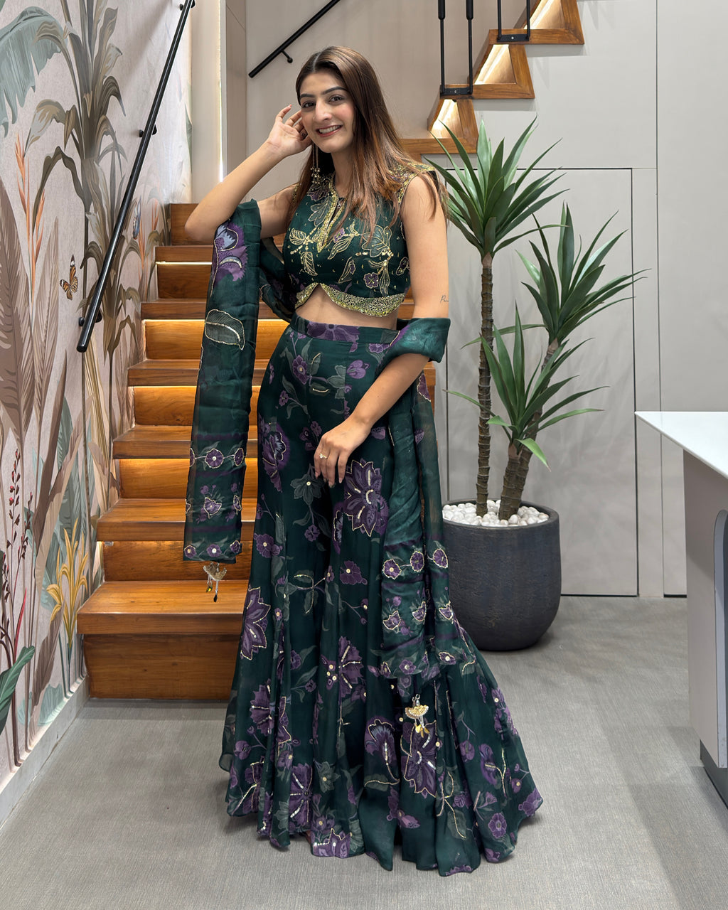 Bottle Green with Purple Floral Print