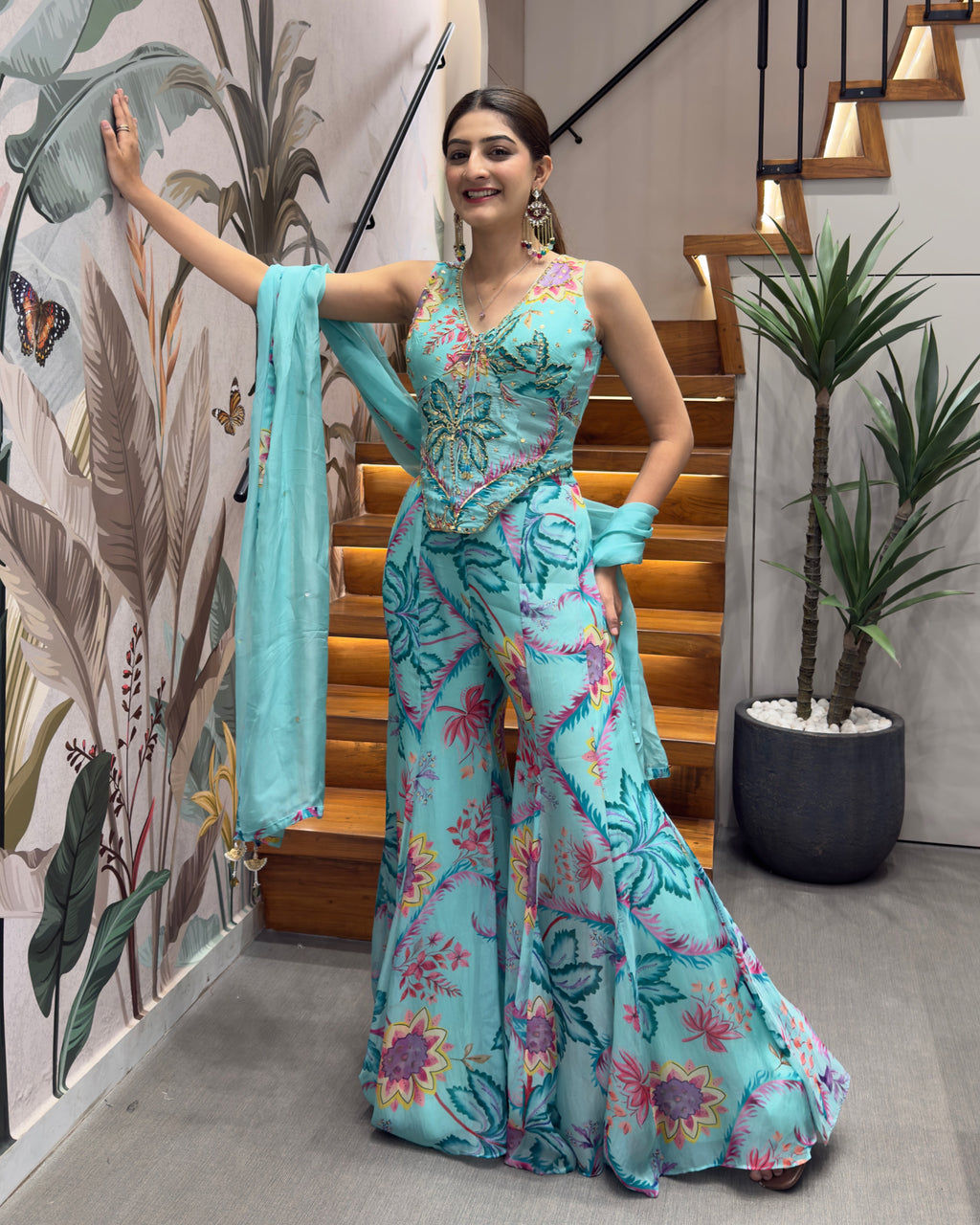 Designer Floral Handworked Palazzo Set with Dupatta