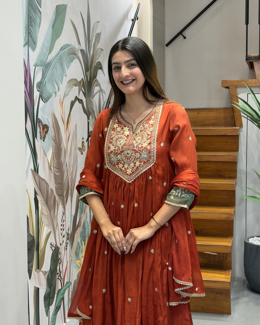 Elegant Rust Orange Handwork Three Piece Suit Set