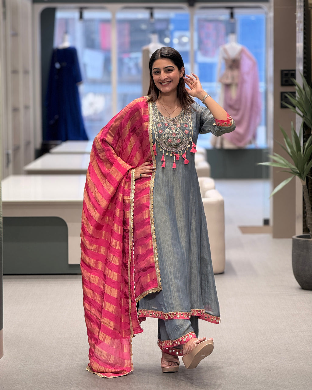 Grey with Pink Dupatta