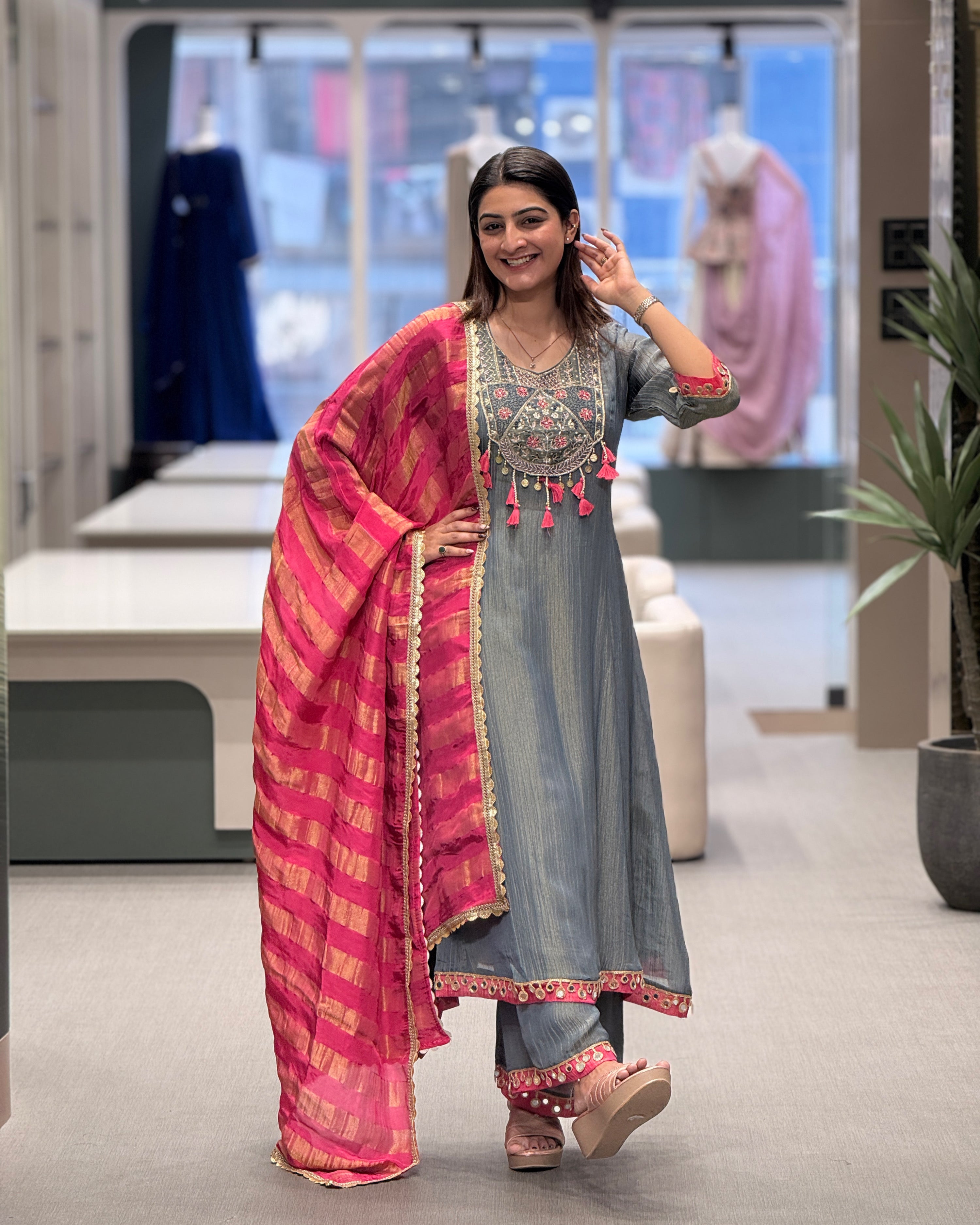 Grey with Pink Dupatta