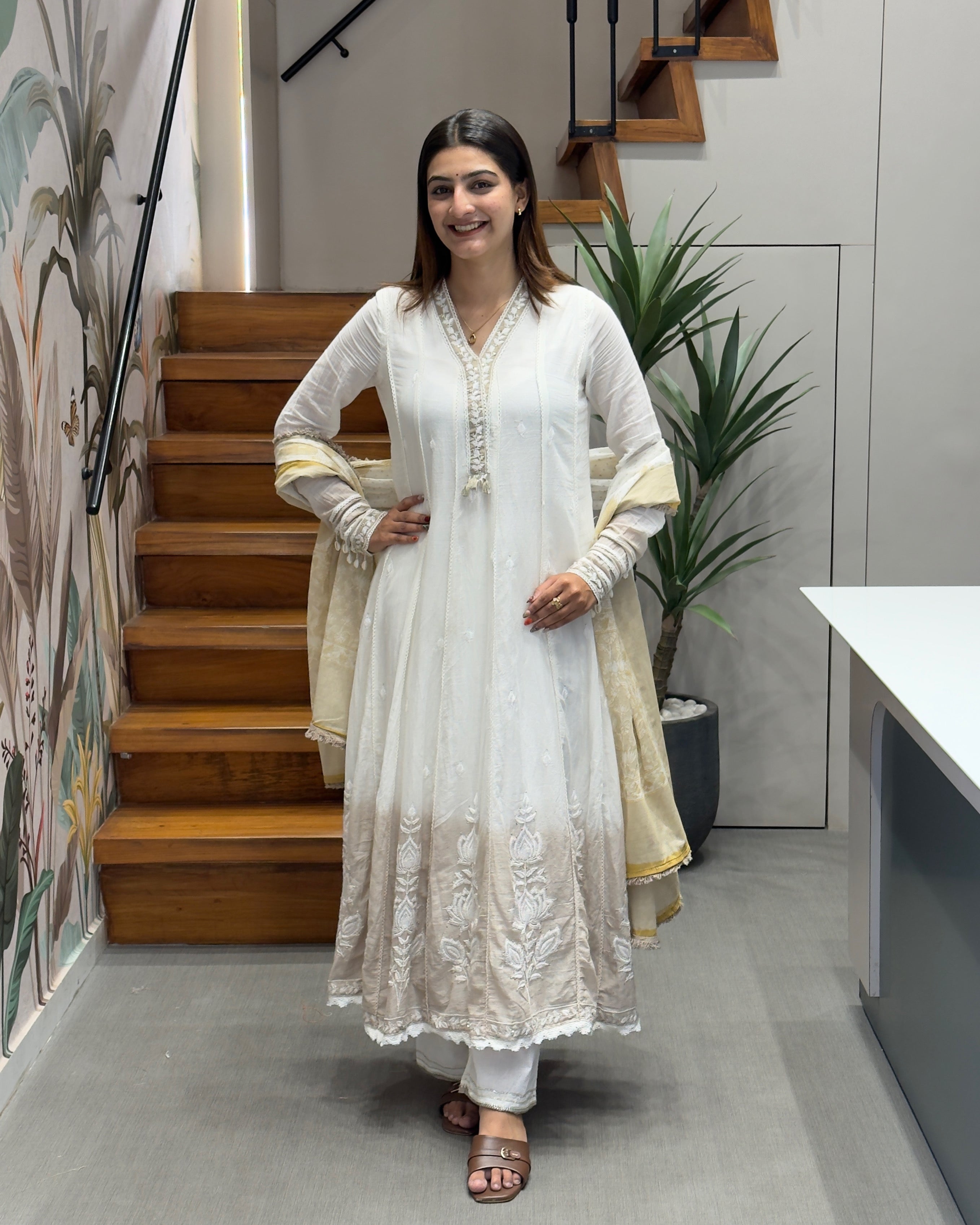 Elegant Ivory & Beige Dual Tone Cotton Three Piece Suit Set