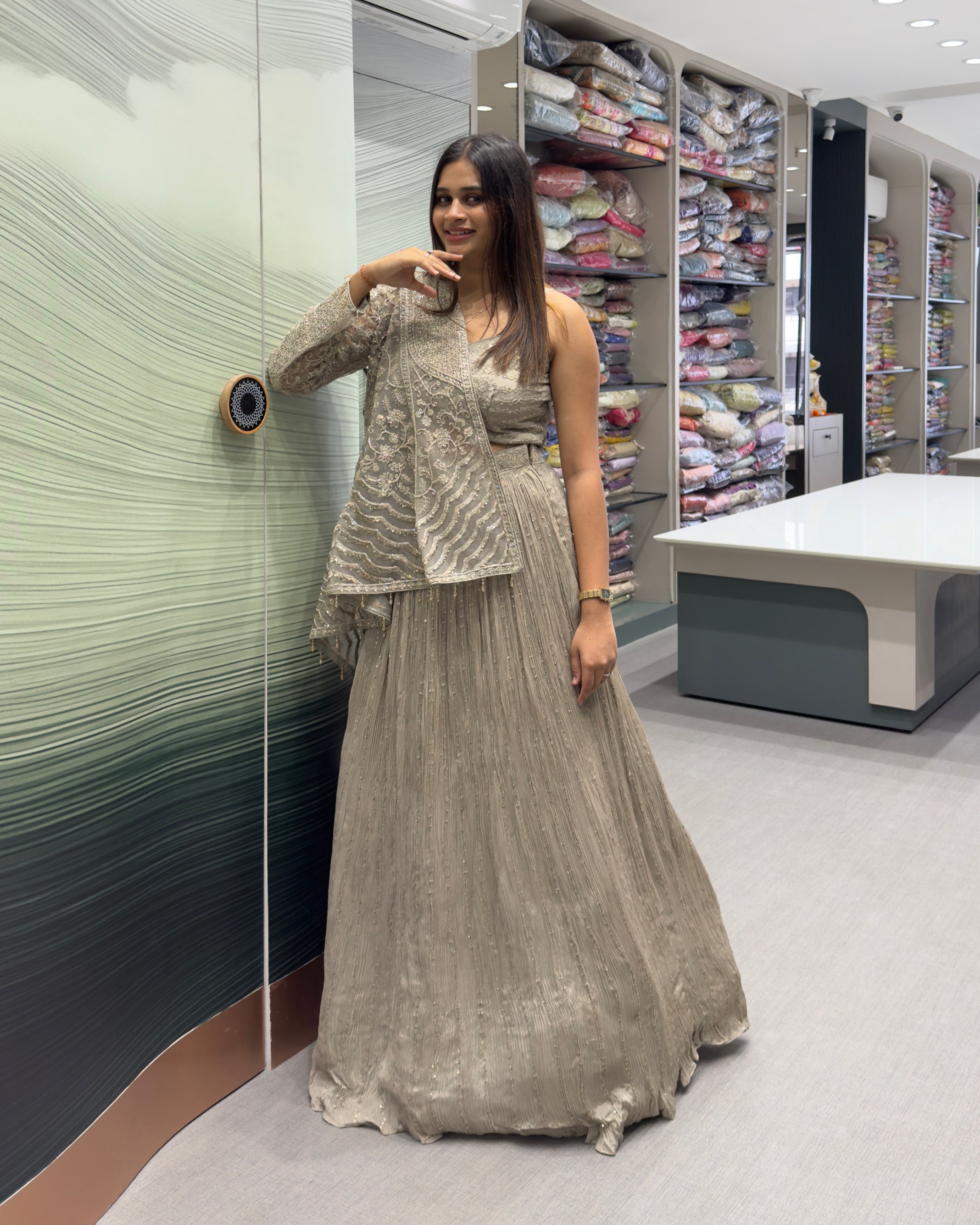 Dusty Grey Designer Handworked Koti Style Lehenga Set with Inner