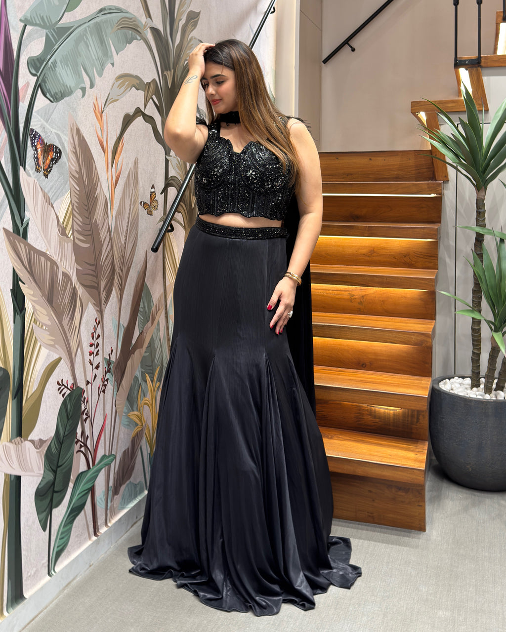 Designer Black Indo-Western Lehenga Set with Handworked Blouse