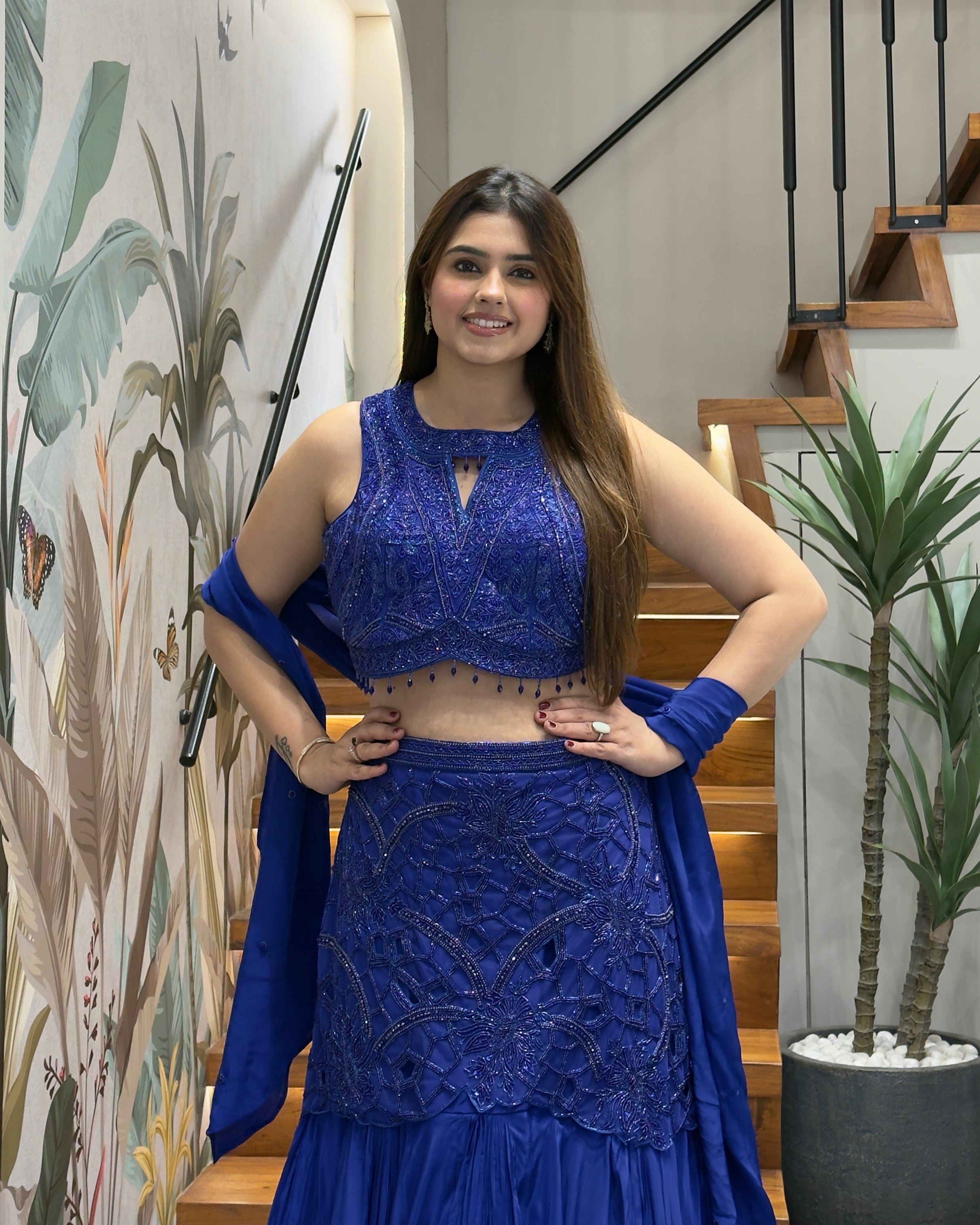 Royal Blue Pure Handworked Fish Cut Lehenga Set with Designer Blouse & Dupatta