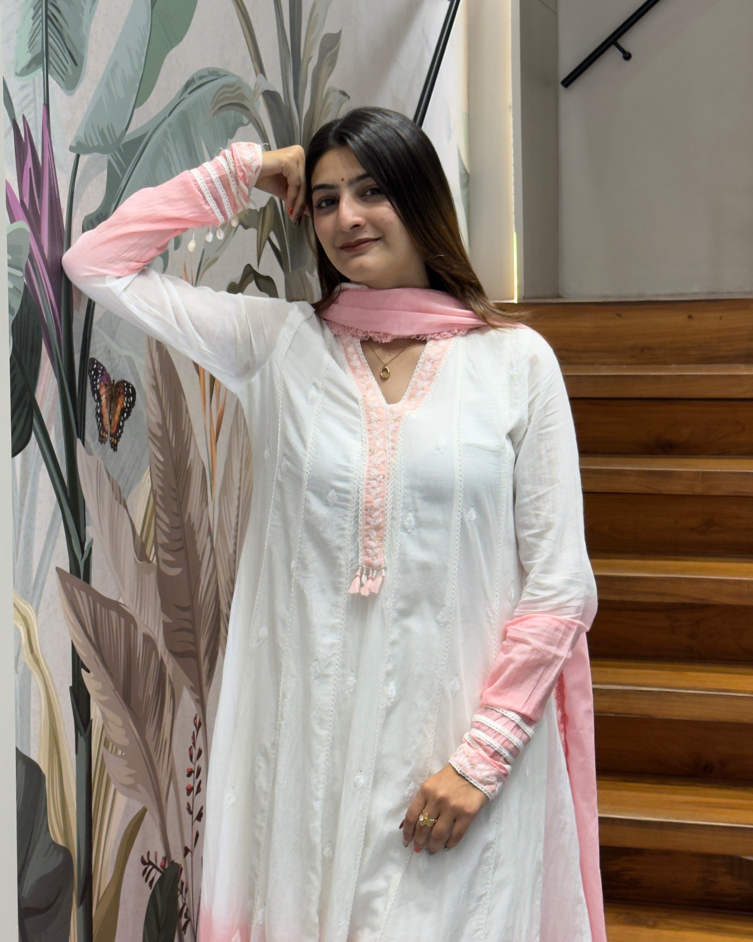 Elegant White & Baby Pink Dual Tone Cotton Three Piece Suit Set