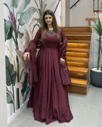 Wine Purple Handworked Flared Gown Set