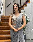 Elegant Grey Handworked Drape Saree Set