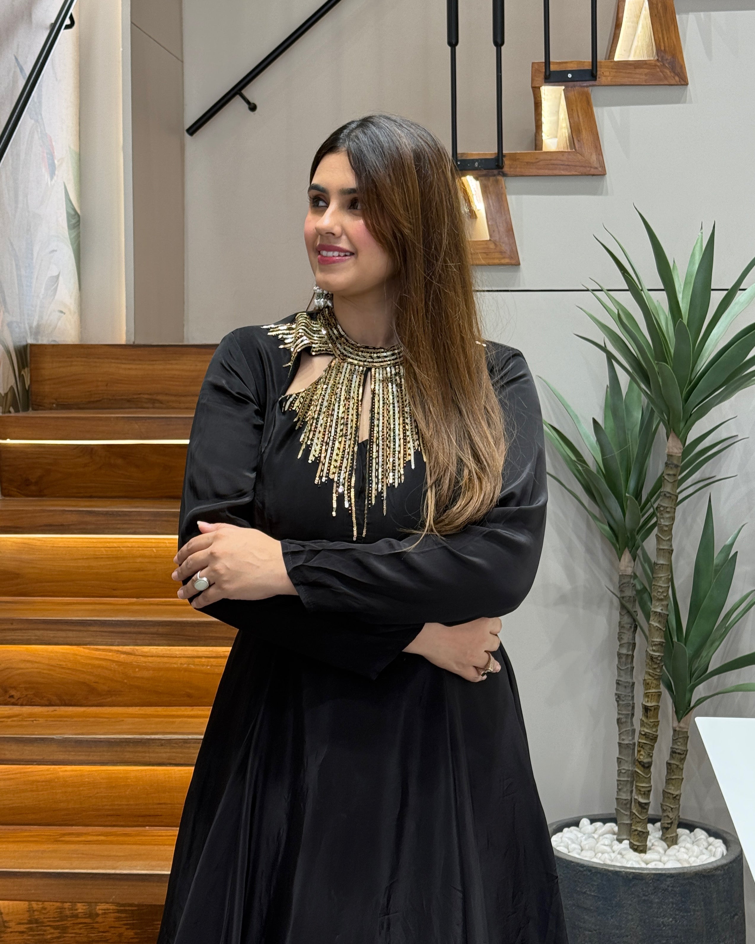 Elegant Black Handworked Flared Gown Set with Dupatta
