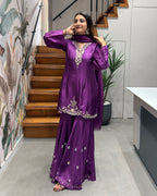 Royal Purple Pure Handworked Kurta Palazzo Set with Dupatta