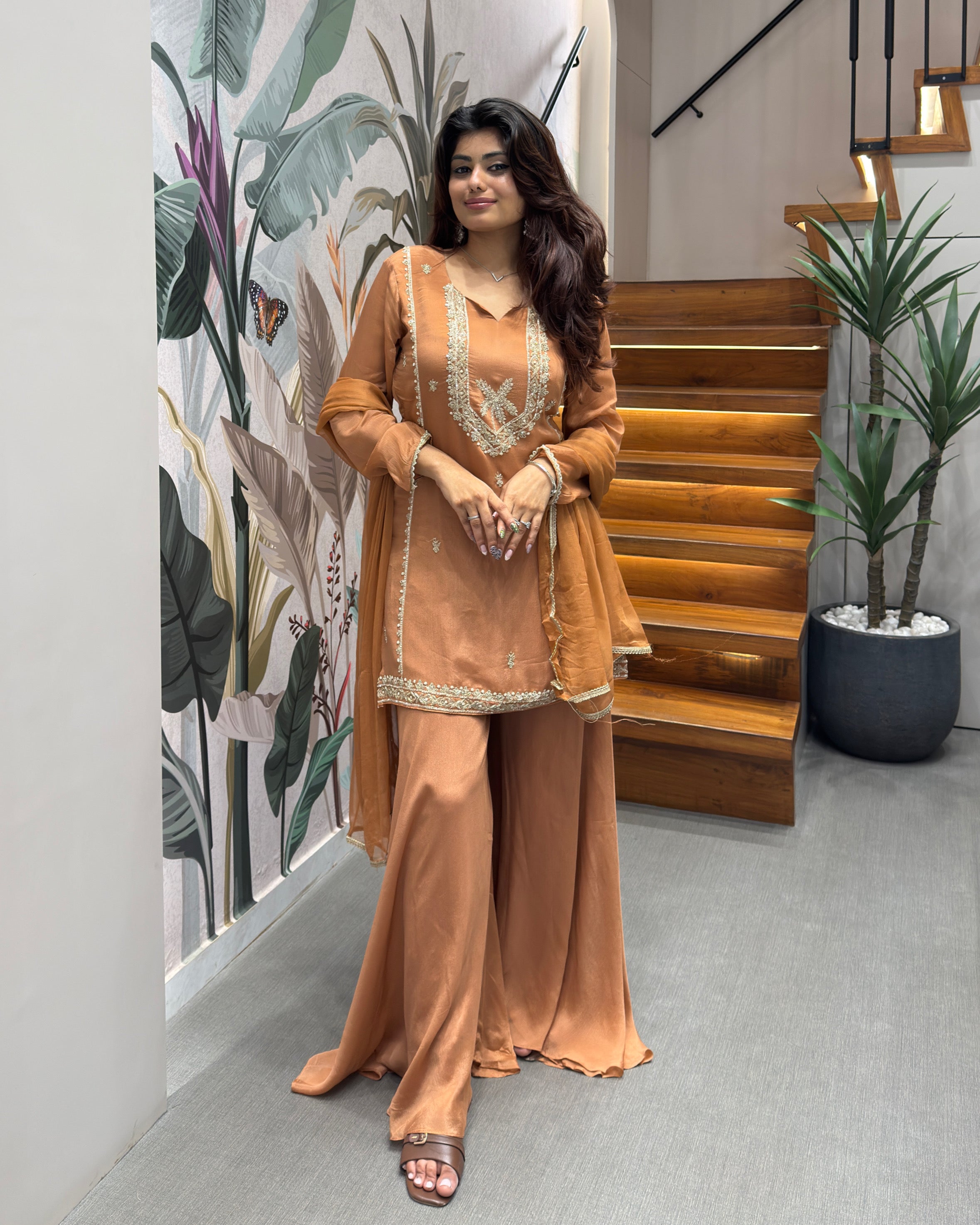 Elegant Mustard Gold Handworked Palazzo Set with Dupatta