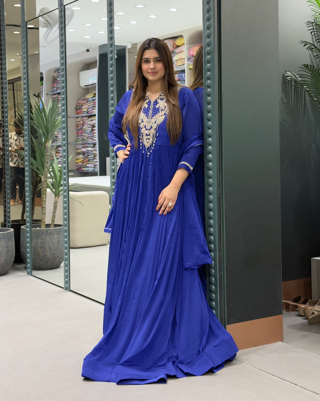 Royal Blue Handworked Flared Gown Set