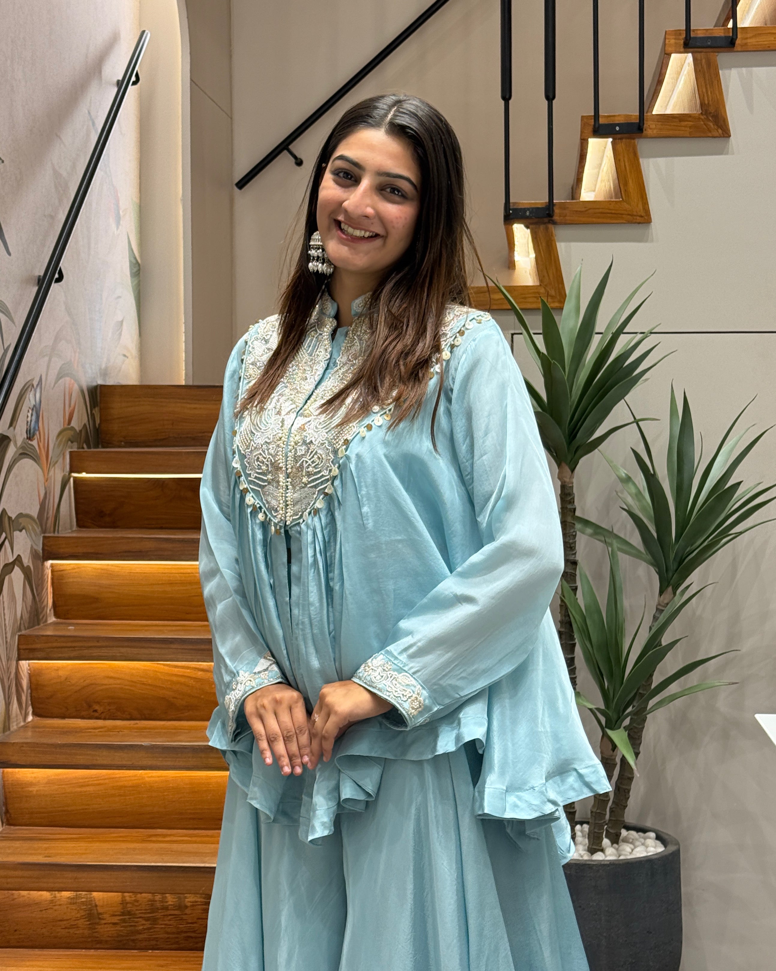 Sky Blue Handworked Peplum Palazzo Set with Dupatta