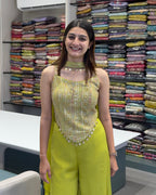 Lime Green Designer Handworked Co-Ord Set with Plazo & Neckline Dupatta