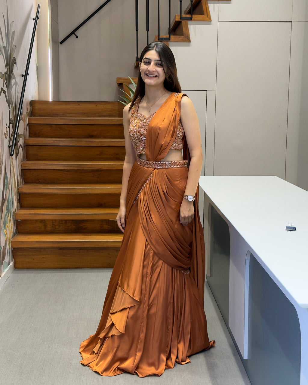 Rust Brown Designer Handworked Fish Cut Lehenga Set with Attached Dupatta