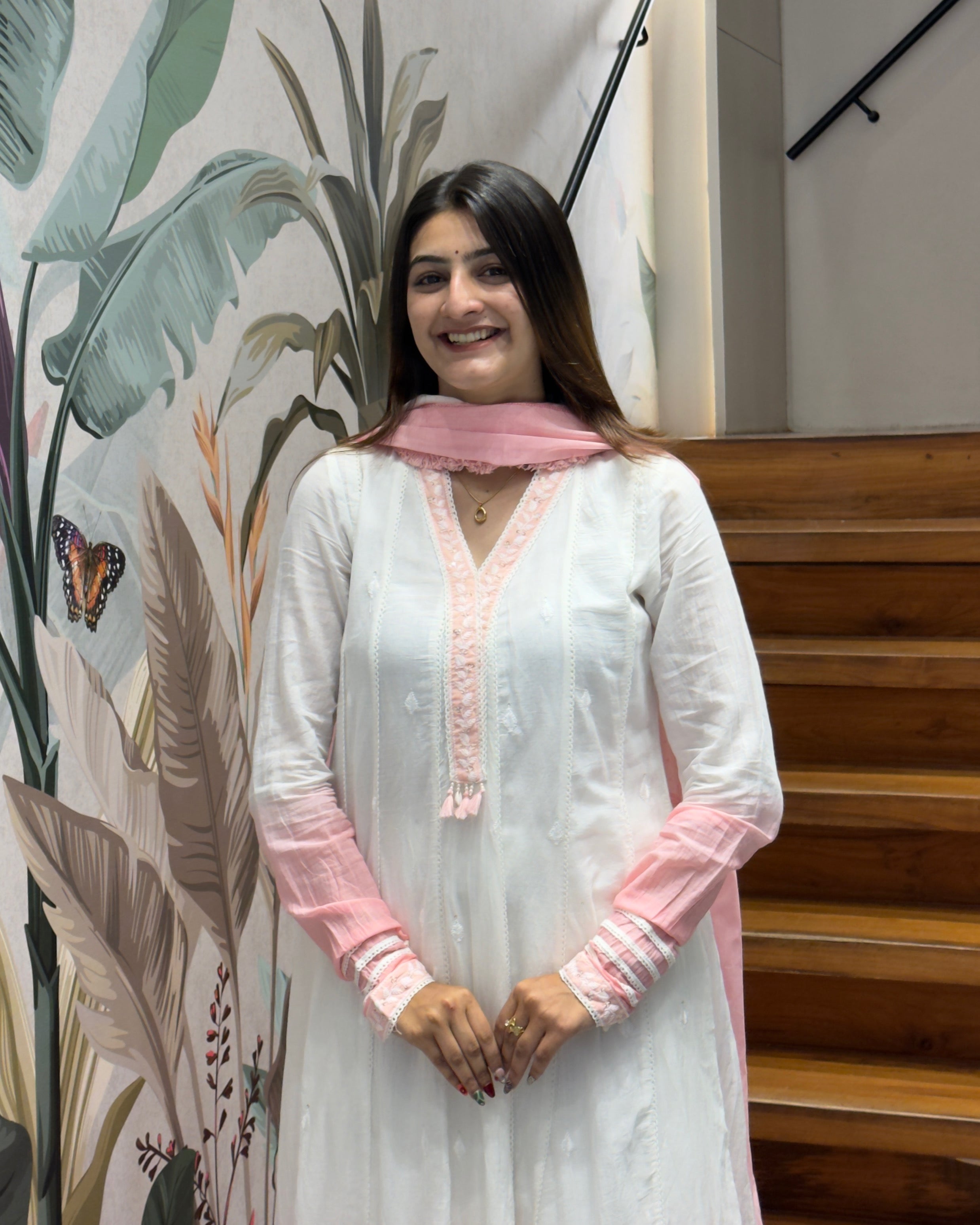 Elegant White & Baby Pink Dual Tone Cotton Three Piece Suit Set