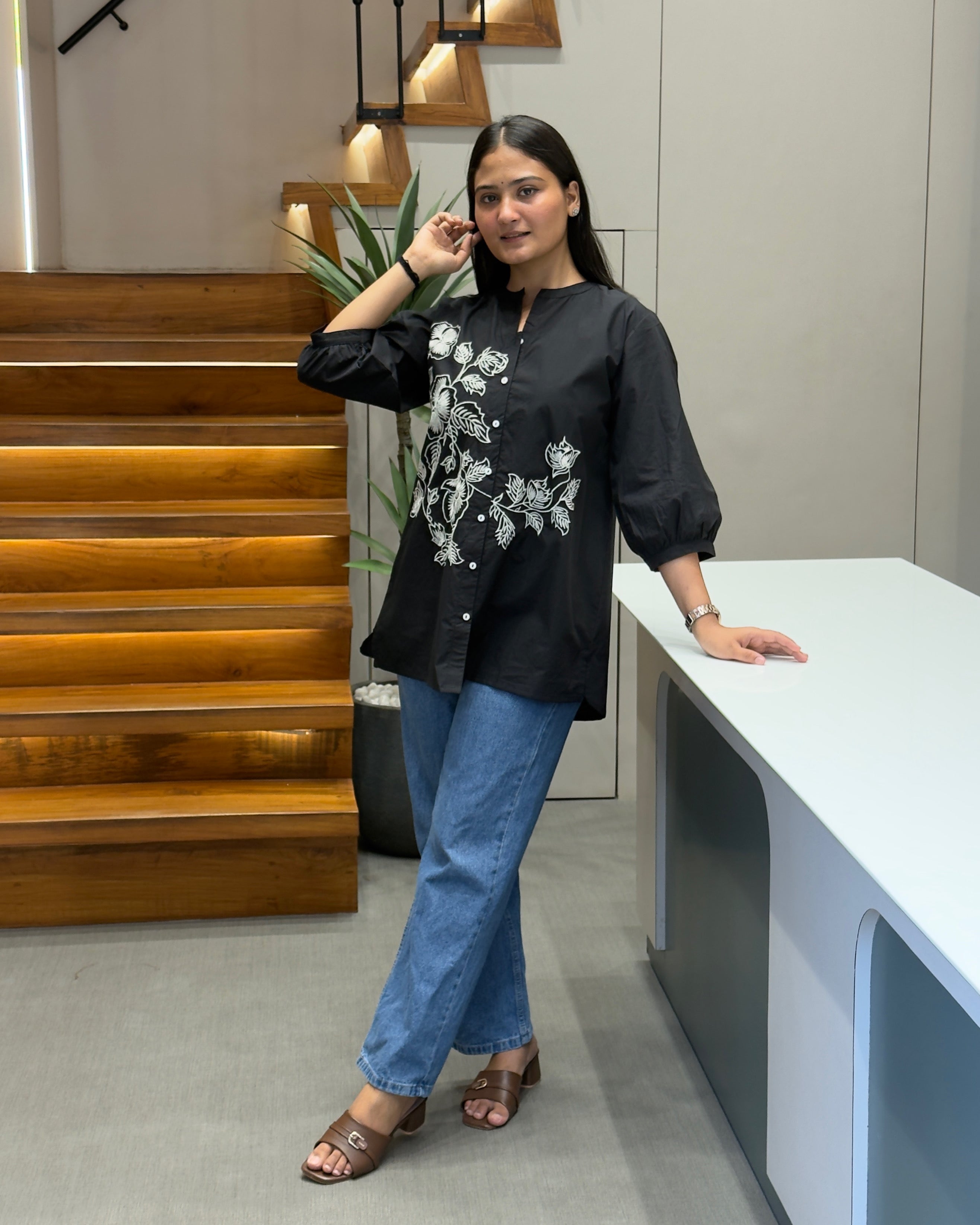 Elegant Black Embroidered Tunic Top