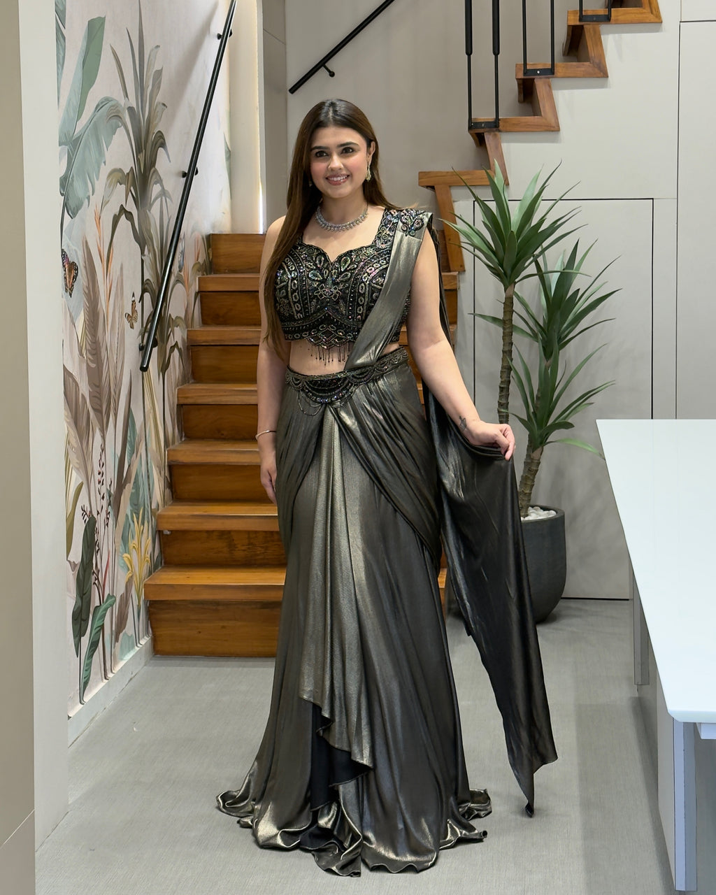 Black & Antique Gold Handworked Draped Fish Cut Saree Set with Attached Dupatta