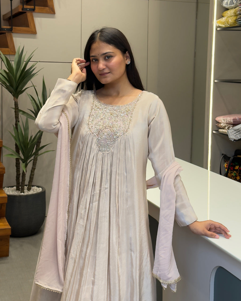 Elegant Pearl White Handwork Three Piece Suit Set